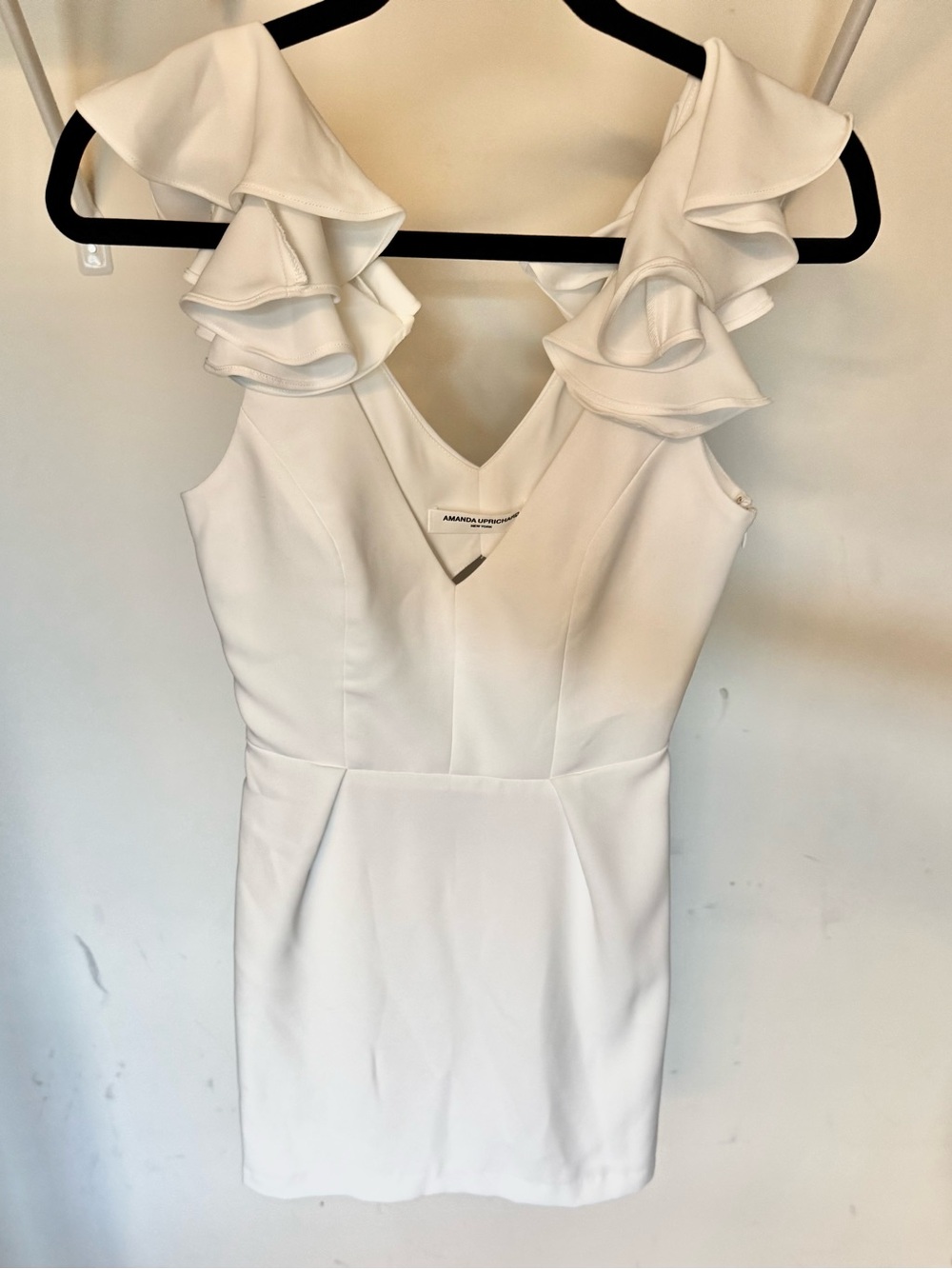 Amanda Uprichard White Ruffle Shoulder V-Neck Mini Dress